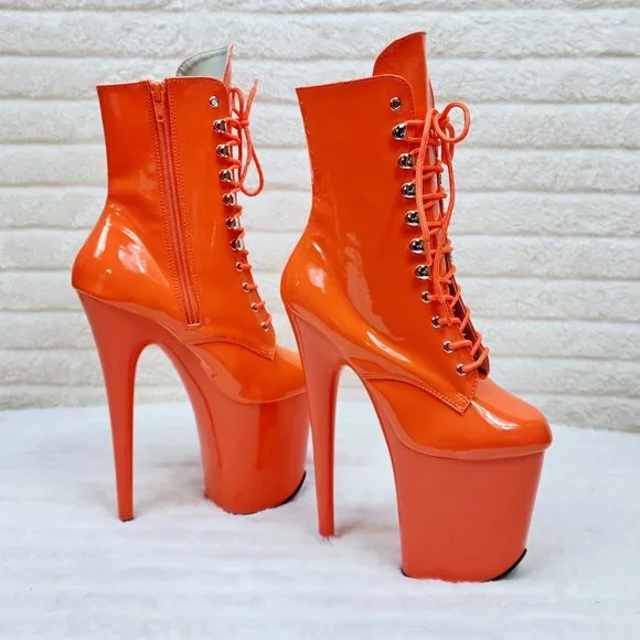 Flamingo Bright Orange Patent Towering 8" High Heel Platform Ankle Boots - Picture 1 of 11